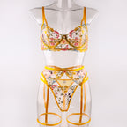 Shelliy Romantic Sheer Floral 3-Piece Garter Thong Set