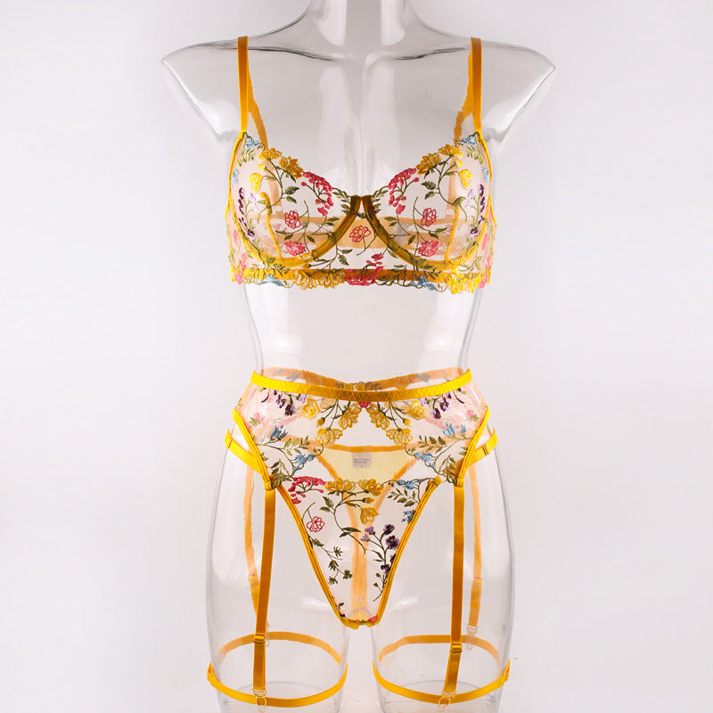 Shelliy Romantic Sheer Floral 3-Piece Garter Thong Set