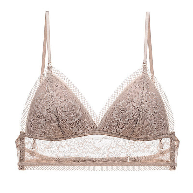Taupe Shelliy Bra floral lace cups and wide mesh band laid flat on white — Flat-lay
