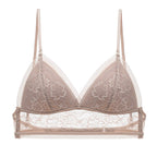 Taupe Shelliy Bra floral lace cups and wide mesh band laid flat on white — Flat-lay