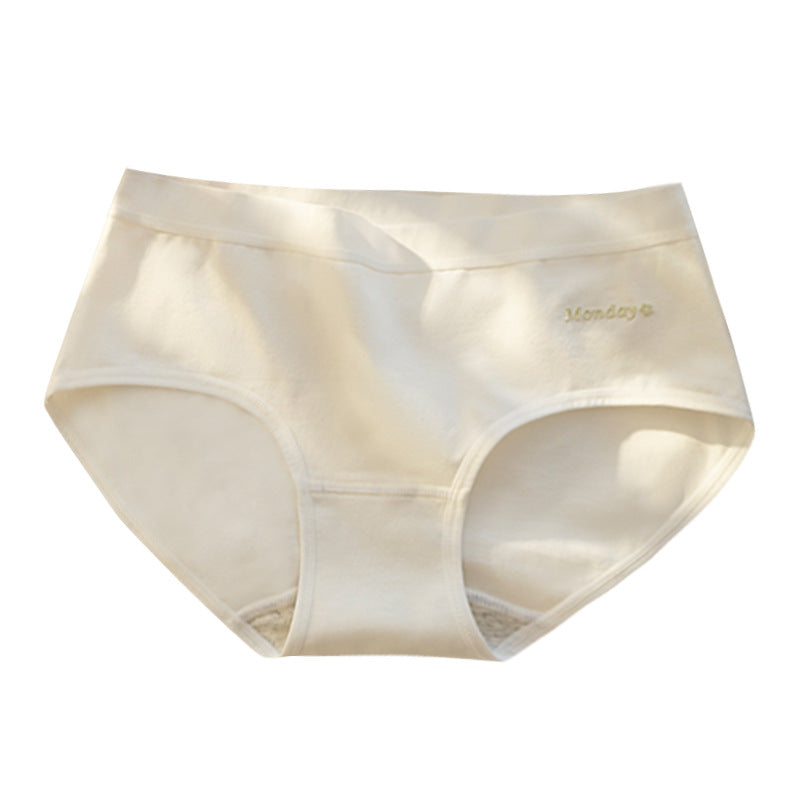 Cream Shelliy Brief single mid-waist brief with gold embroidered word on white — Flat-lay