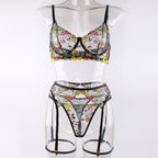 Shelliy Romantic Sheer Floral 3-Piece Garter Thong Set