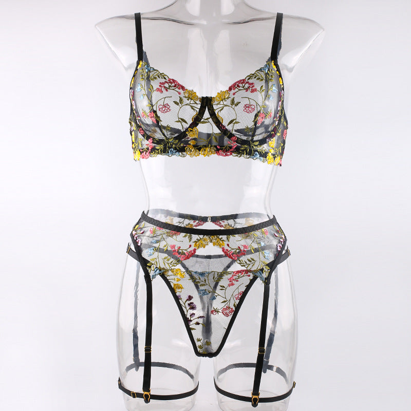 Shelliy Romantic Sheer Floral 3-Piece Garter Thong Set