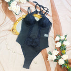 Shelliy Midnight Luxe Sheer Halter Lace-Up Bodysuit