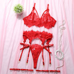 Shelliy Midnight Luxe Eyelash Lace Garter 4-Piece Set Red
