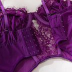 Shelliy Purple Plunge Basque Lace Sheer 3-Piece Garter Set