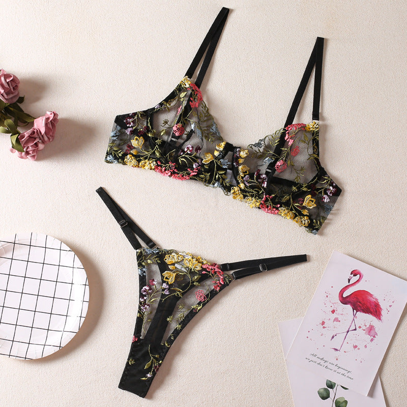 Shelliy Coquette Mesh Floral Balconette Bra & Thong Set Black