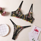 Shelliy Coquette Mesh Floral Balconette Bra & Thong Set Black