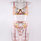 Shelliy Romantic Sheer Floral 3-Piece Garter Thong Set