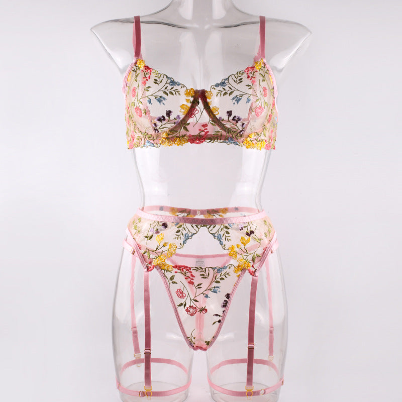 Shelliy Romantic Sheer Floral 3-Piece Garter Thong Set