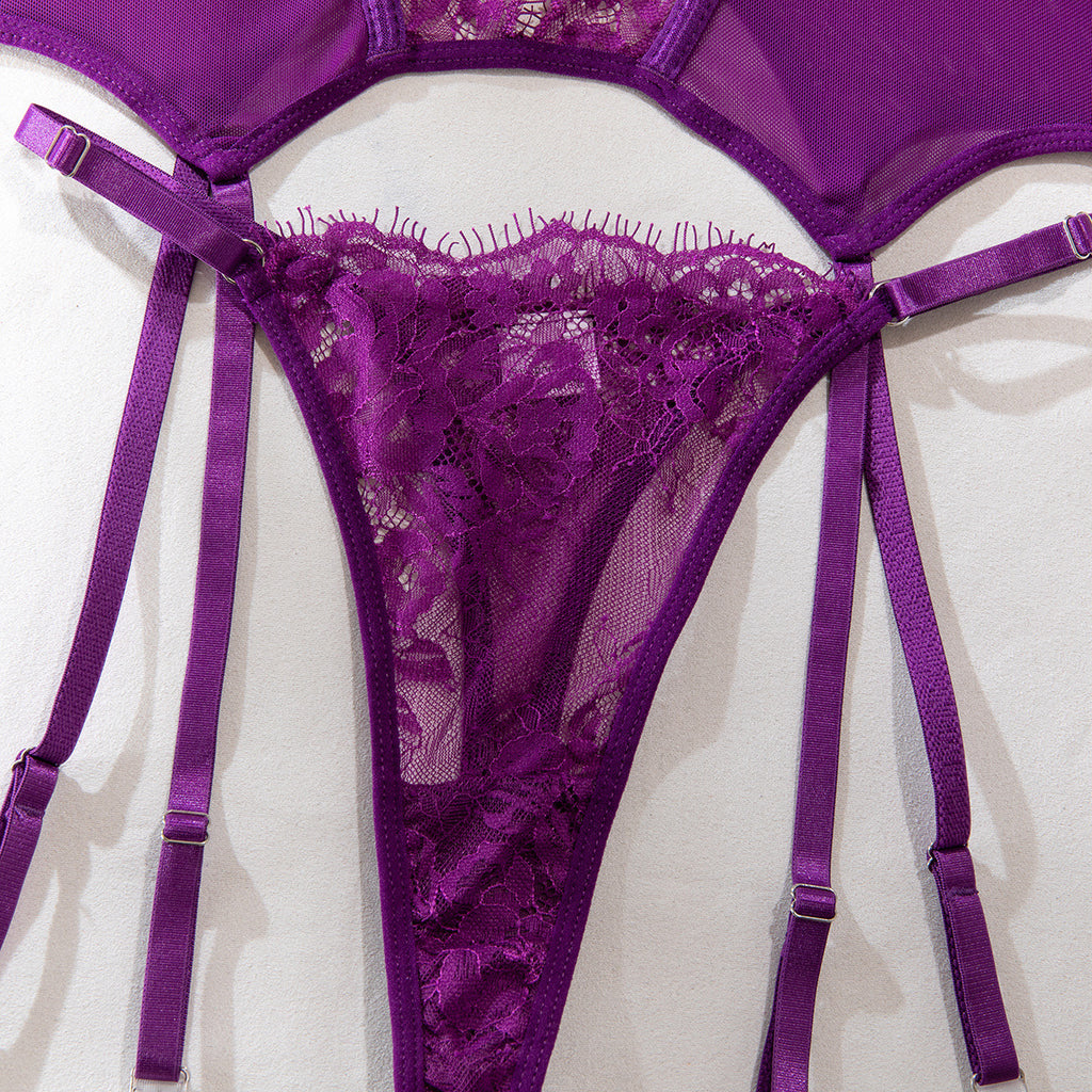 Shelliy Purple Plunge Basque Lace Sheer 3-Piece Garter Set