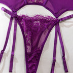 Shelliy Purple Plunge Basque Lace Sheer 3-Piece Garter Set