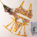 Shelliy Romantic Sheer Floral 3-Piece Garter Thong Set Yellow