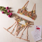 Shelliy Romantic Sheer Floral 3-Piece Garter Thong Set Khaki