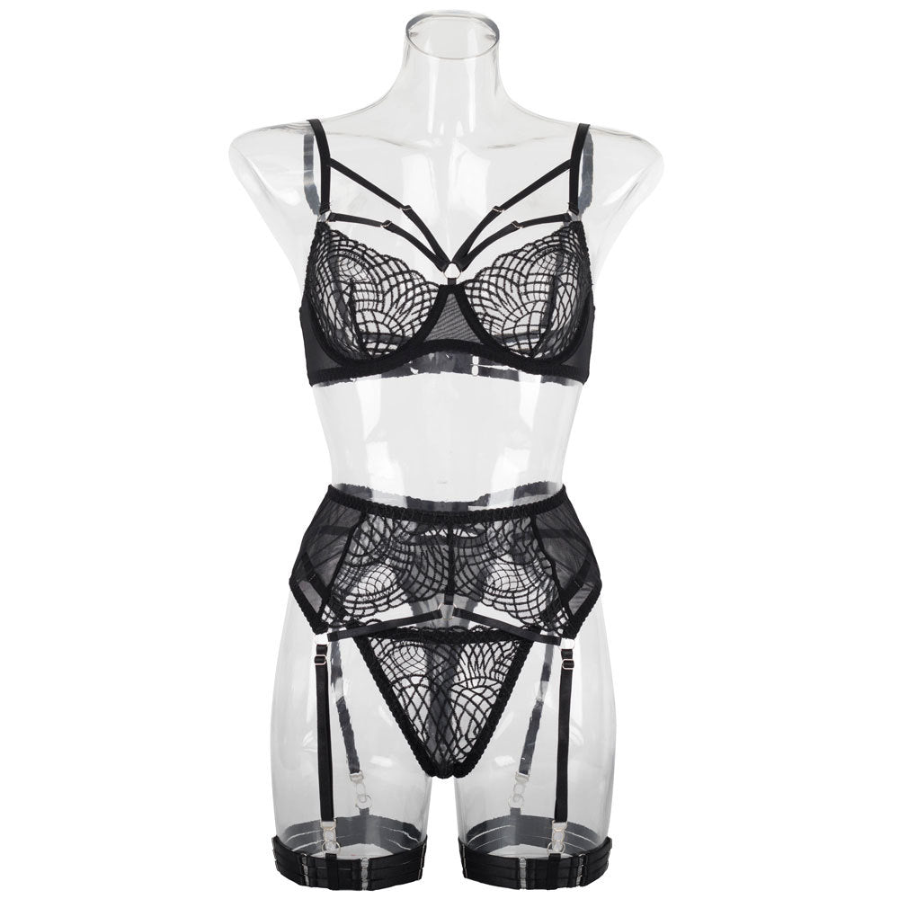Shelliy Dark Romance Embroidered Sheer Harness Garter Set Detail Close-Up — Shelliy Official