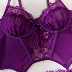 Shelliy Purple Plunge Basque Lace Sheer 3-Piece Garter Set