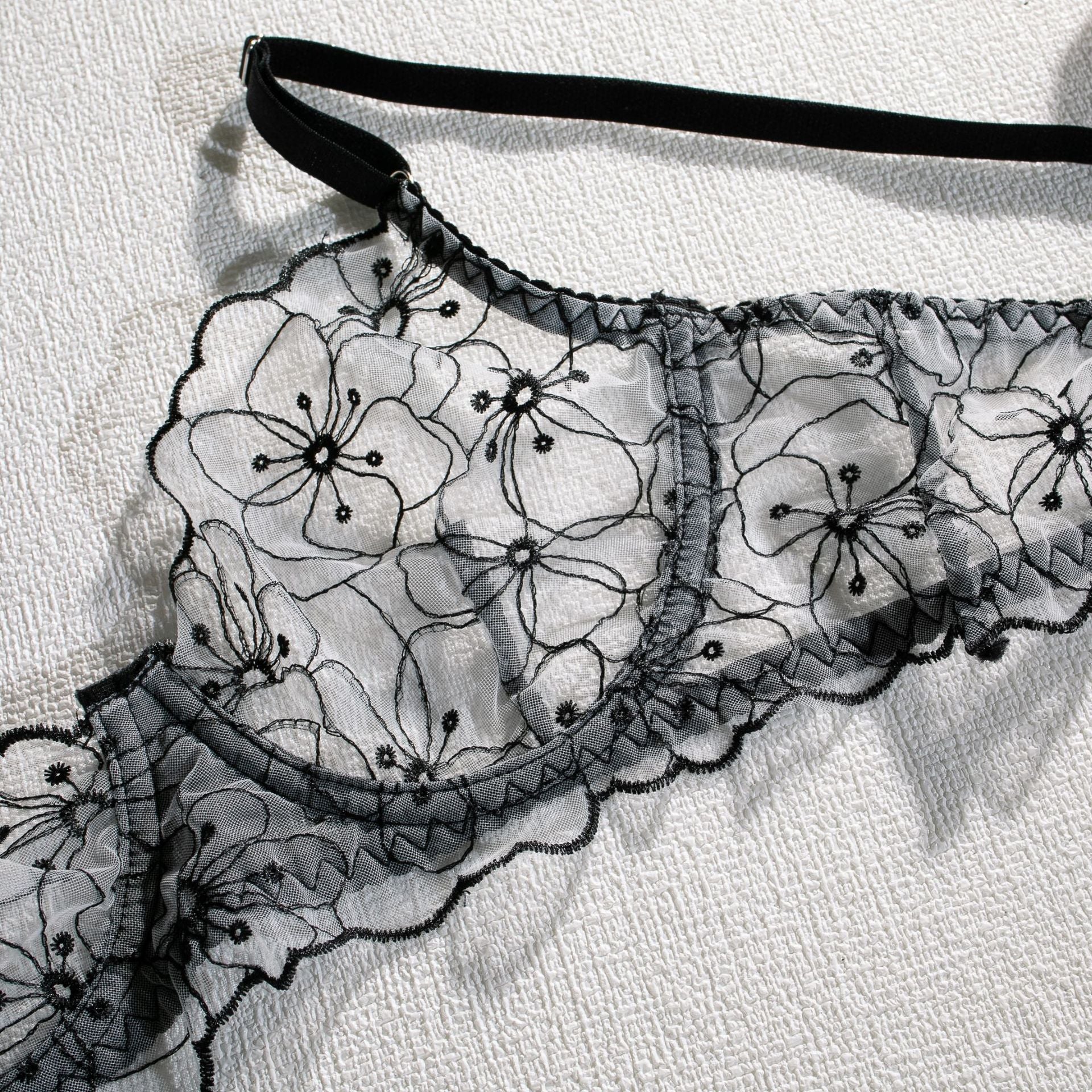 Shelliy Monochrome Floral-Embroidered Sheer 3-Piece Lingerie Set