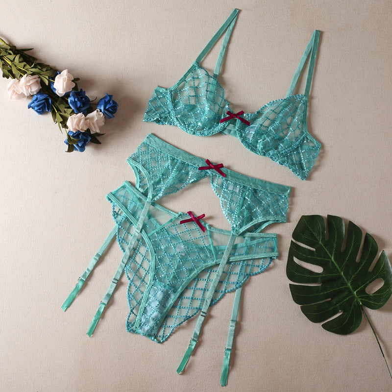 Shelliy 'Midnight Floral' Embroidered Mesh Bralette & Brief Set