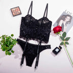 Shelliy Midnight Lace-Up Lace 3-Piece Garter & Thong Set Black