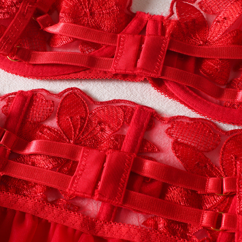 Shelliy Coquette Embroidered Ruffle 3-Piece Garter & Thong Set