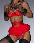 Shelliy Coquette Embroidered Ruffle 3-Piece Garter & Thong Set