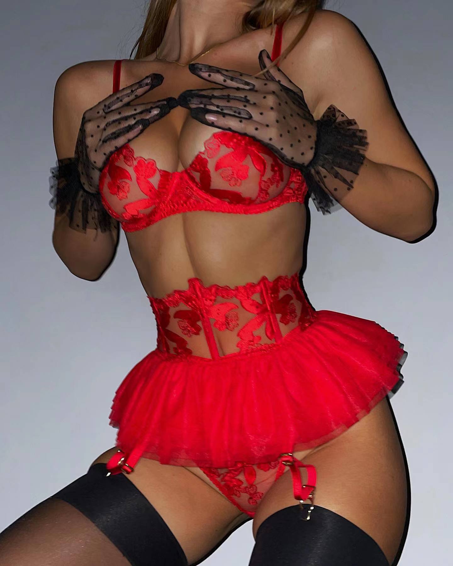 Shelliy Coquette Embroidered Ruffle 3-Piece Garter & Thong Set