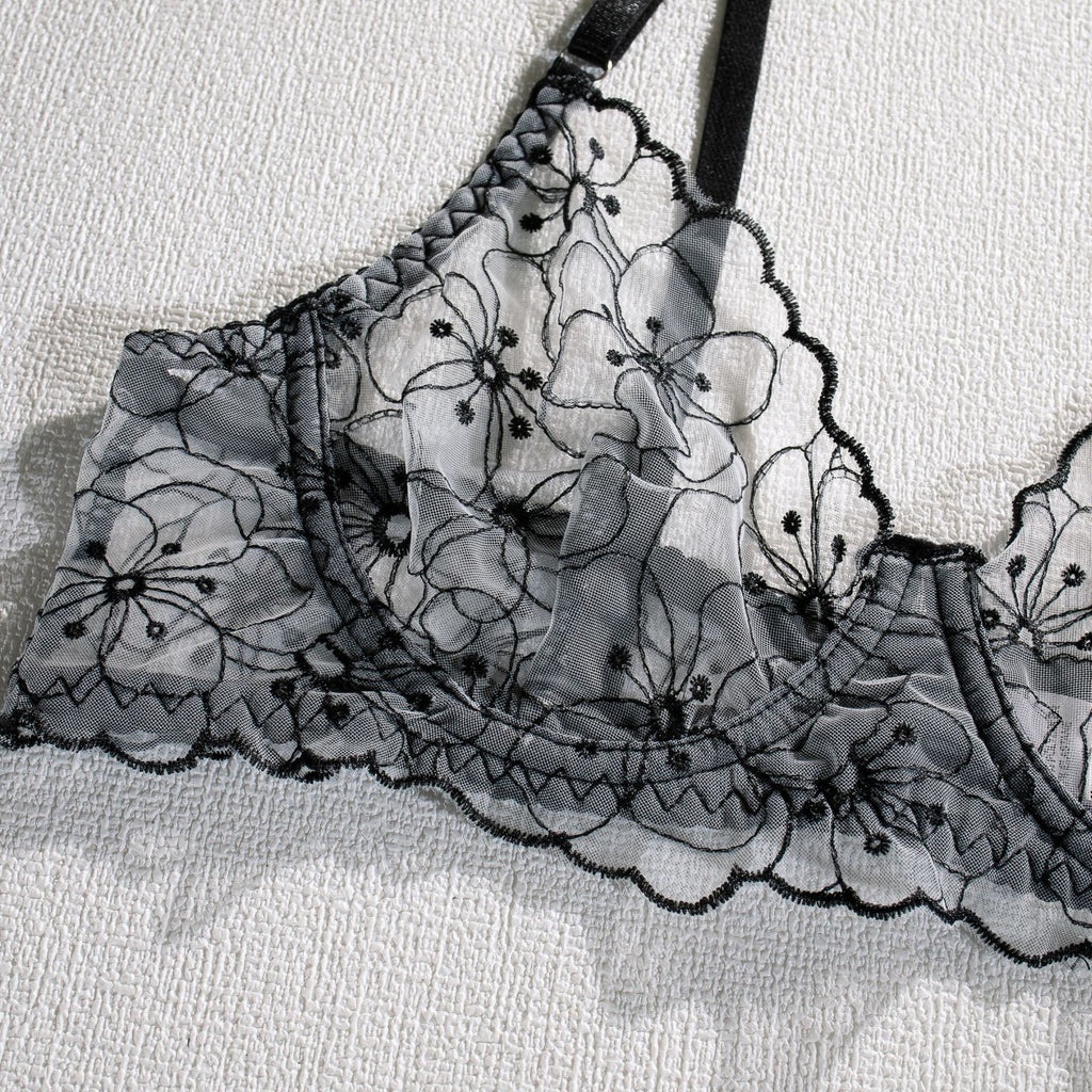 Shelliy Monochrome Floral-Embroidered Sheer 3-Piece Lingerie Set