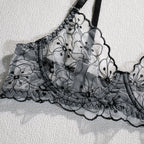 Shelliy Monochrome Floral-Embroidered Sheer 3-Piece Lingerie Set