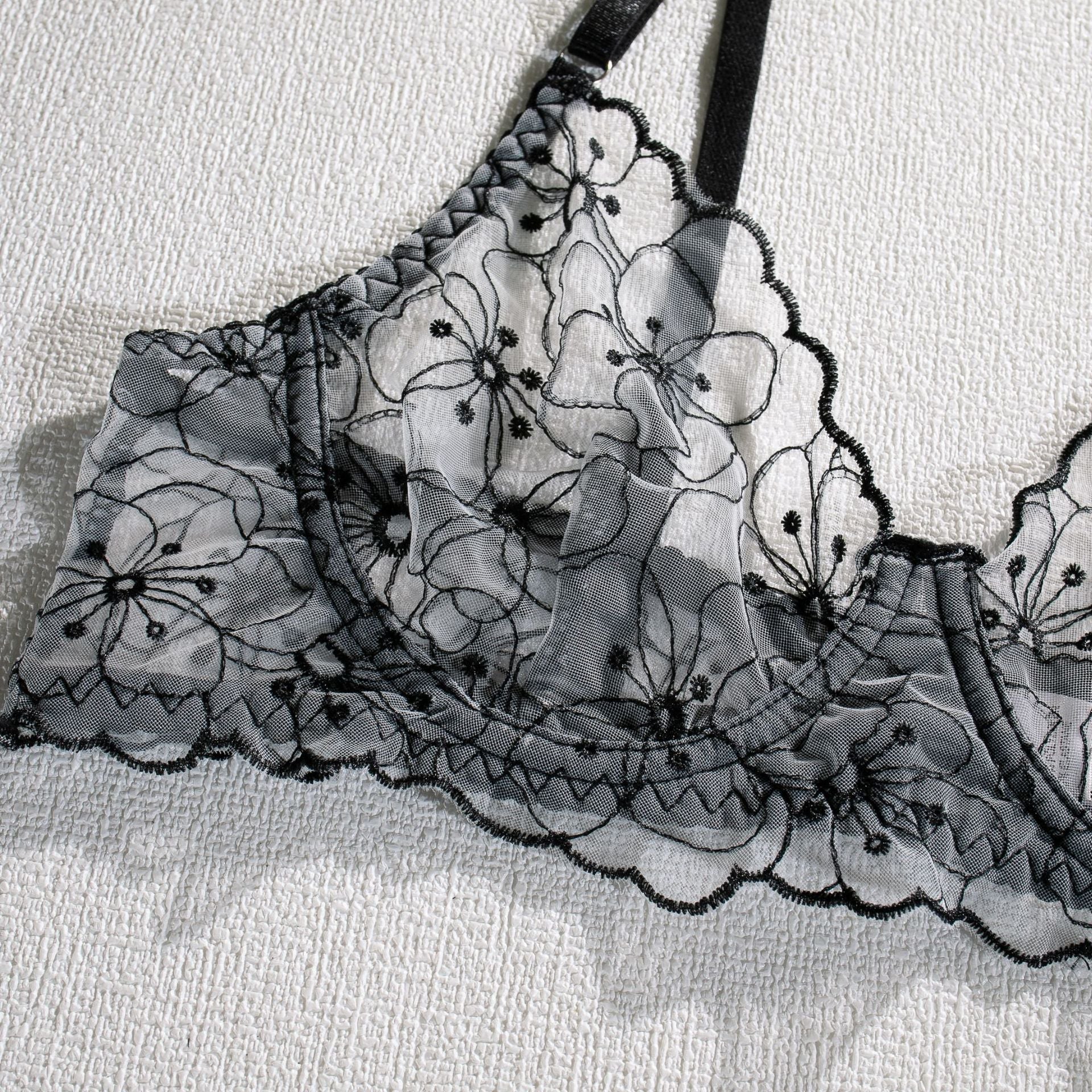 Shelliy Monochrome Floral-Embroidered Sheer 3-Piece Lingerie Set
