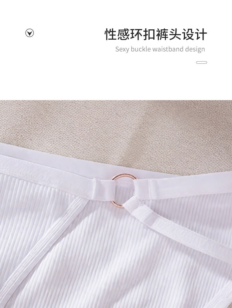 Shelliy O-Ring Ribbed Cotton String-Side Bikini featuring breathable ribbed cotton fabric and delicate lace trim accents — Minimalist casual loungewear and daily comfort (View 2)