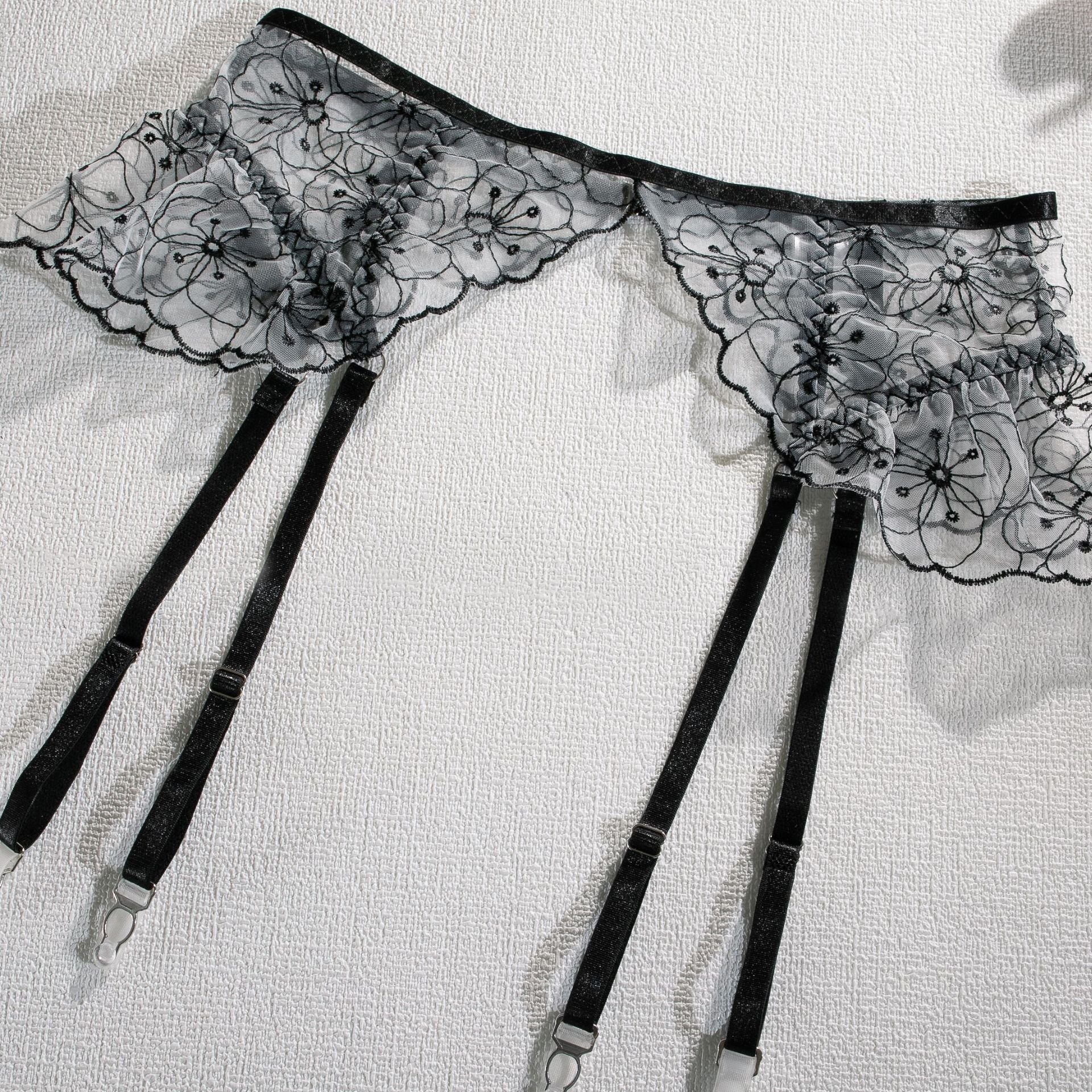 Shelliy Monochrome Floral-Embroidered Sheer 3-Piece Lingerie Set