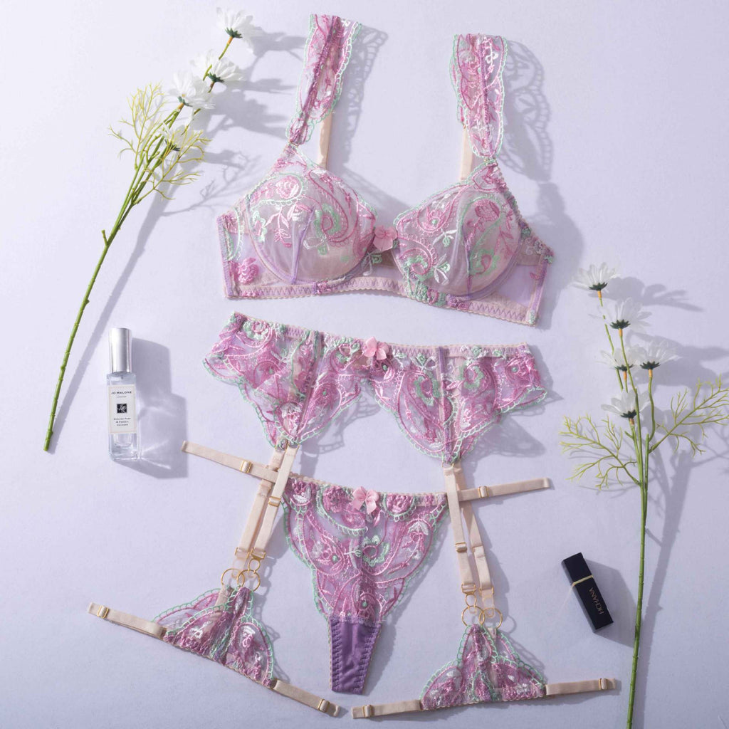 Shelliy Coquette Embroidered Sheer Balconette Garter Set