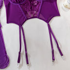 Shelliy Purple Plunge Basque Lace Sheer 3-Piece Garter Set