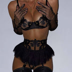 Shelliy Coquette Embroidered Ruffle 3-Piece Garter & Thong Set