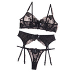 Shelliy Midnight Luxe Embroidered Sheer Garter 3-Piece Set
