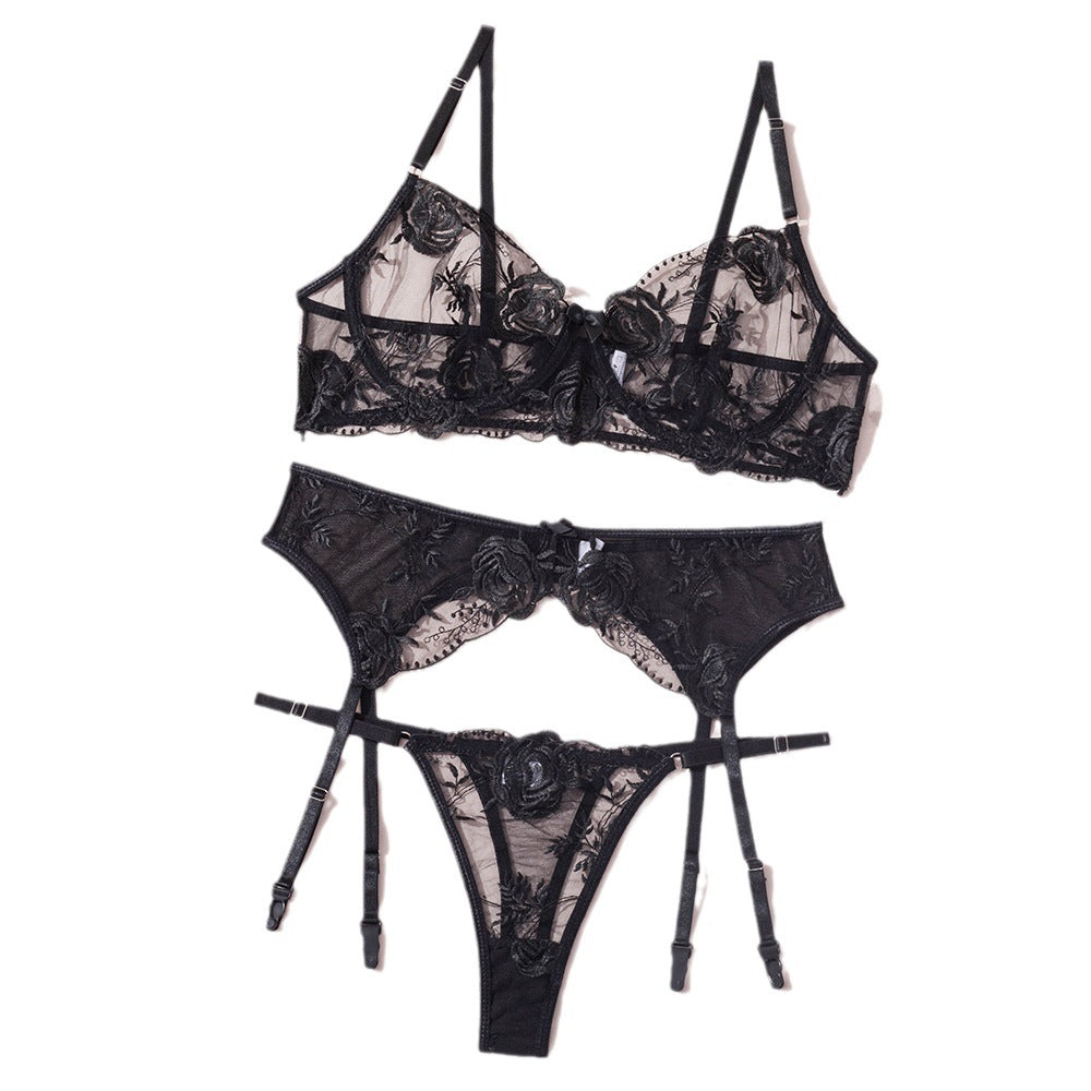 Shelliy Midnight Luxe Embroidered Sheer Garter 3-Piece Set