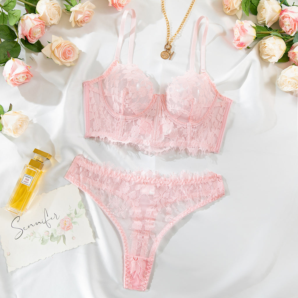 Shelliy Coquette Lace Boned Cami Corset Set Pink