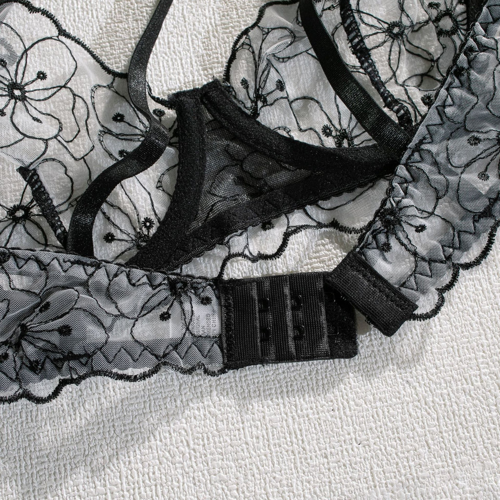 Shelliy Monochrome Floral-Embroidered Sheer 3-Piece Lingerie Set