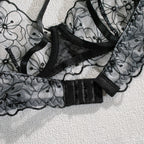 Shelliy Monochrome Floral-Embroidered Sheer 3-Piece Lingerie Set
