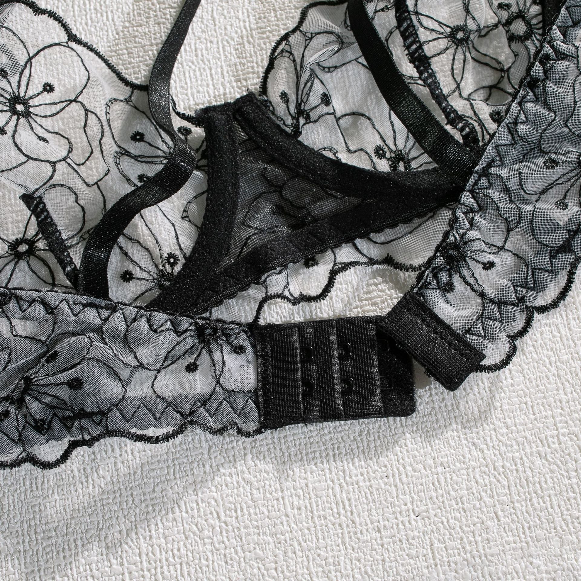 Shelliy Monochrome Floral-Embroidered Sheer 3-Piece Lingerie Set
