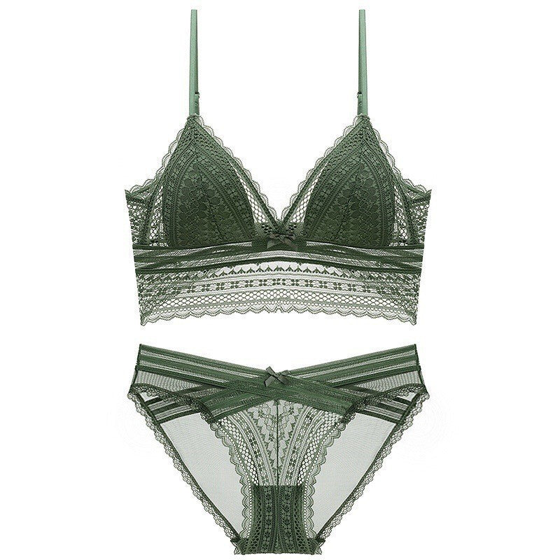 Olive Green Shelliy Bra Set Laid Flat On White Background — Flat-lay