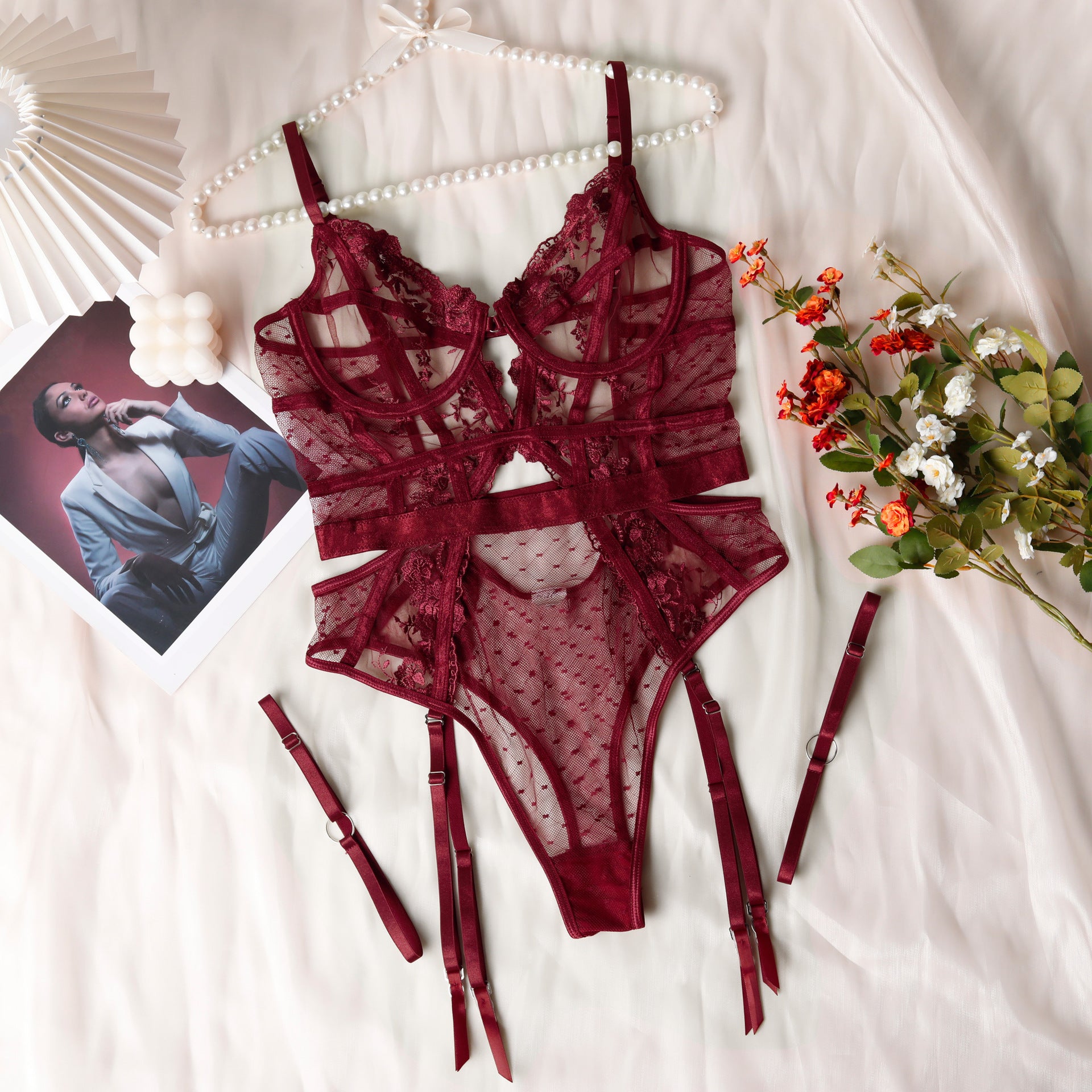 Shelliy Midnight Luxe Embroidered Garter Bodysuit