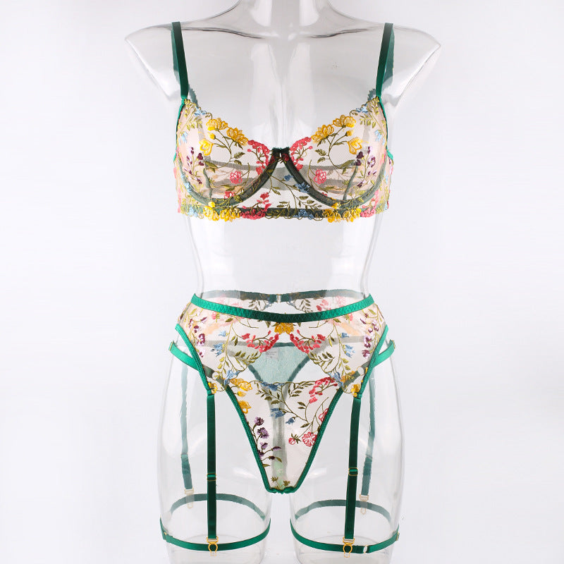 Shelliy Romantic Sheer Floral 3-Piece Garter Thong Set