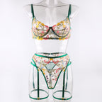 Shelliy Romantic Sheer Floral 3-Piece Garter Thong Set