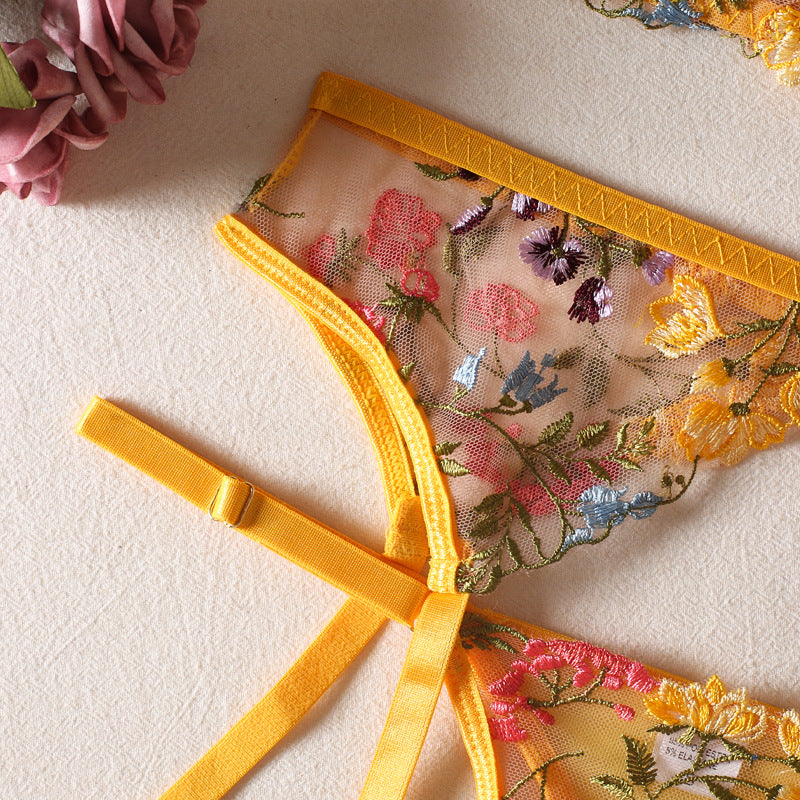 Shelliy Romantic Floral-Embroidered Sheer 4-Piece Lingerie Set