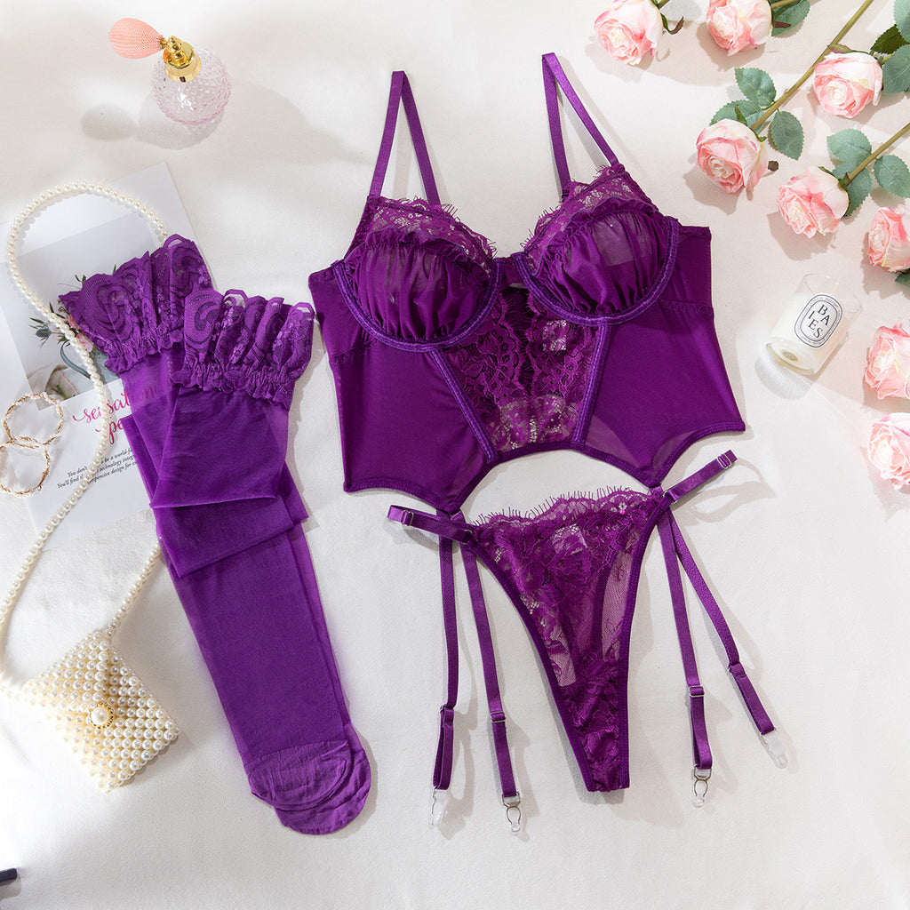 Purple Shelliy Purple Plunge Basque Lace Sheer 3-Piece Set — Shelliy Official