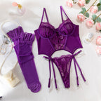 Purple Shelliy Purple Plunge Basque Lace Sheer 3-Piece Set — Shelliy Official