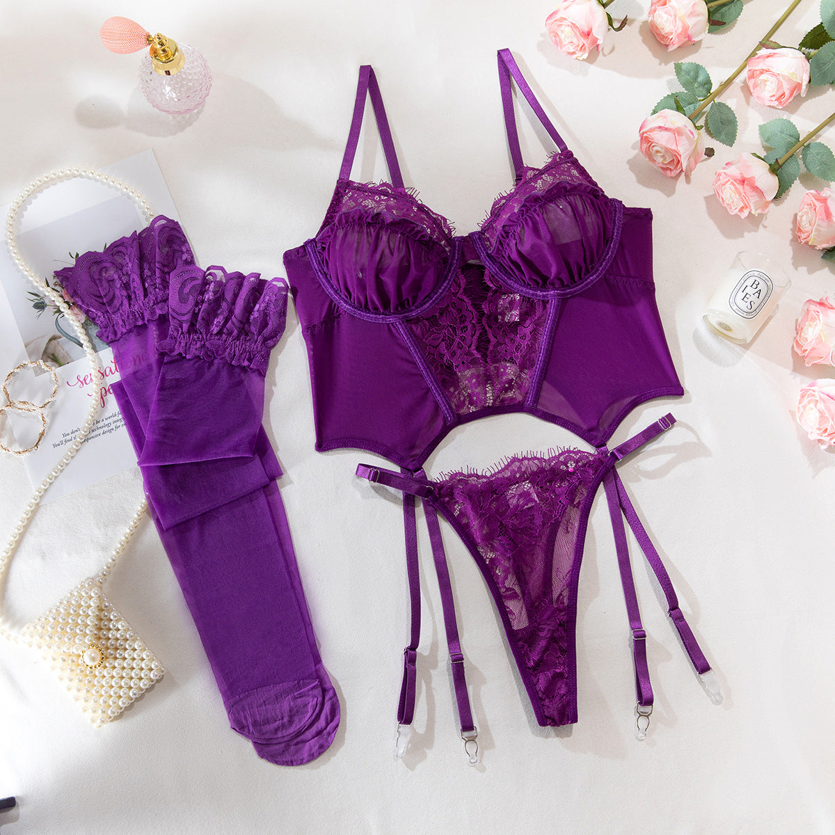 Purple Shelliy Purple Plunge Basque Lace Sheer 3-Piece Set — Shelliy Official