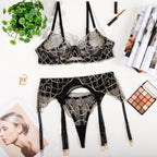 Shelliy French Embroidered Sheer Garter Thong Set