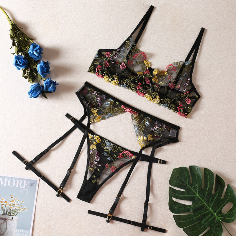 Shelliy Romantic Sheer Floral 3-Piece Garter Thong Set Black